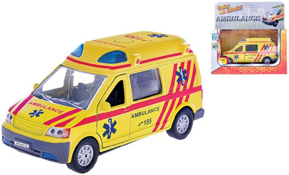 Auto ambulance 13cm zpětný nátah PB CZ mluvící Světlo Zvuk Kov Kids globe